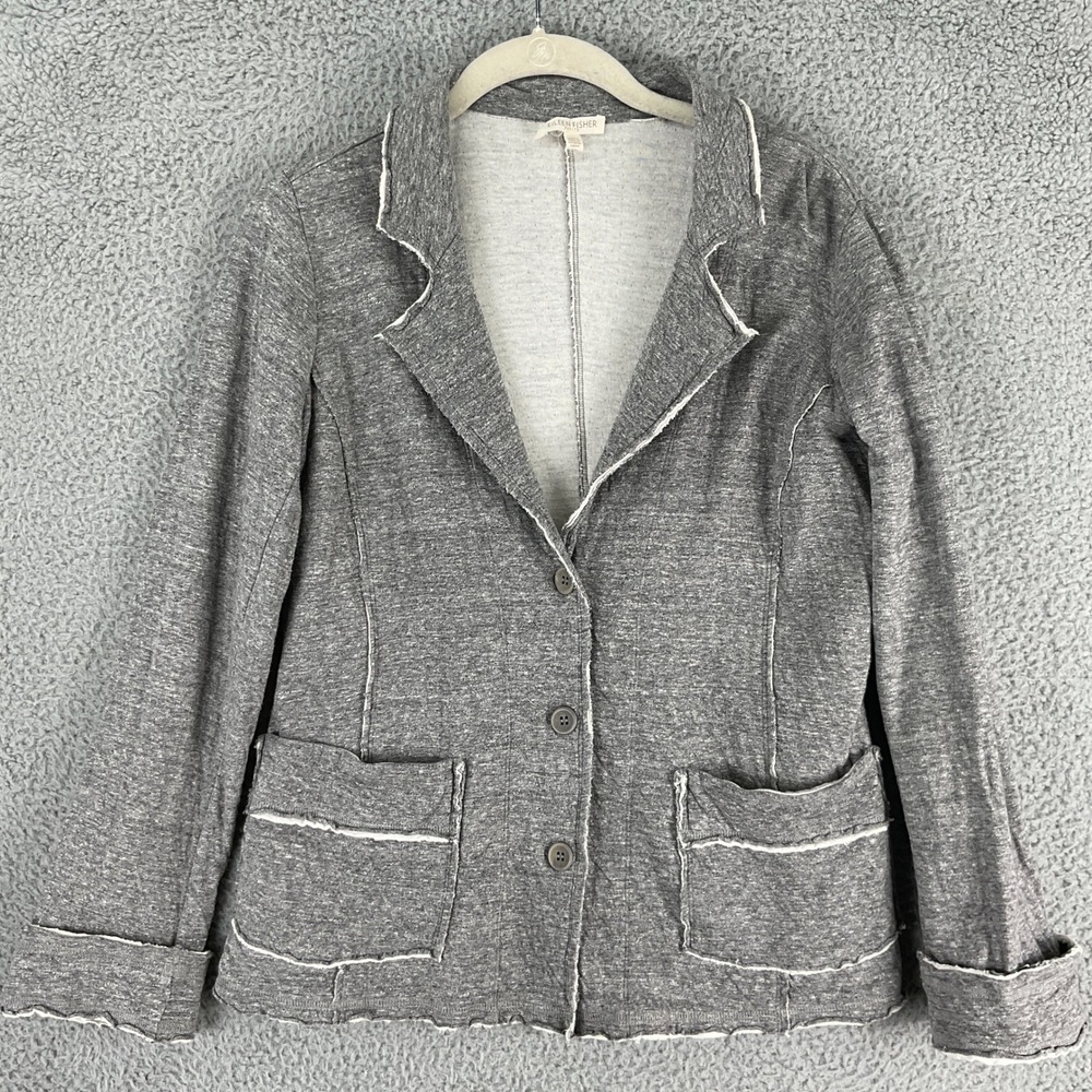 Eileen Fisher Blazer Womens PP Petite Grey Excellent Cotton Raw Edge Knit Jacket